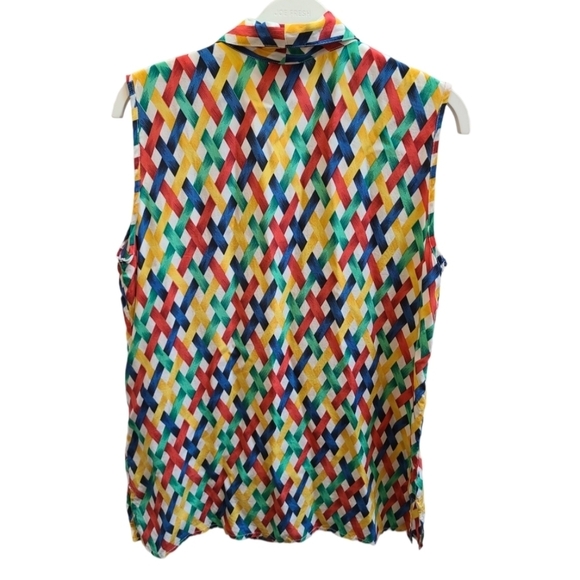 Vintage Quo-Silk 100% Silk Sleeveless Blouse in Colourful Retro Pattern - S/M - Picture 2 of 5